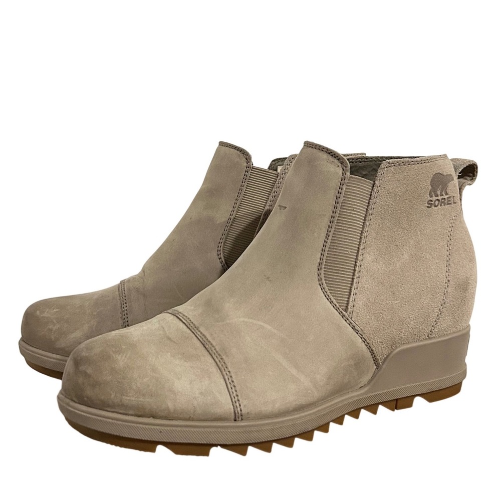 Sorel Evie Pull-On Waterproof Suede Leather Wedge Ankle Boot Taupe Women's 8